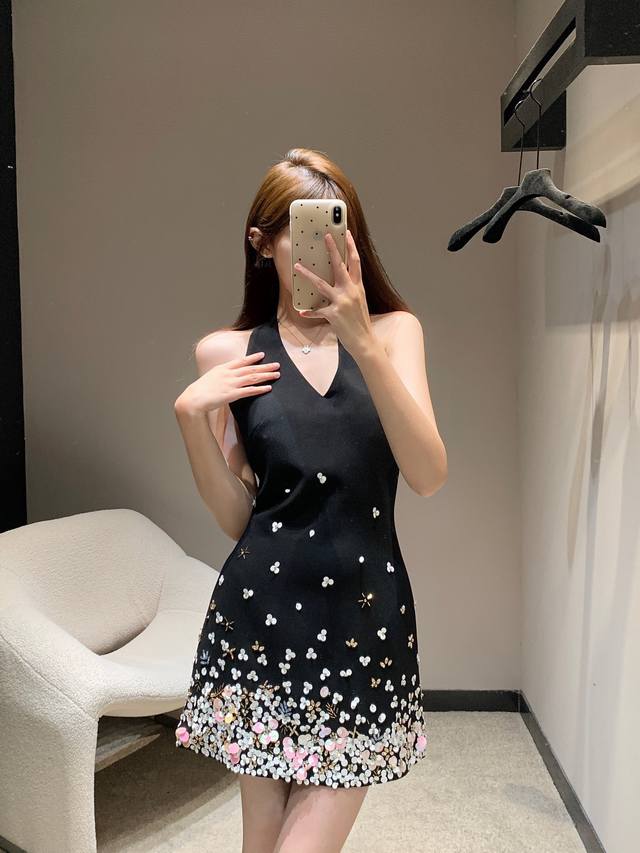 Miumi* 25Ss Spring and Summer new pure handmade beaded halter neck backless litt