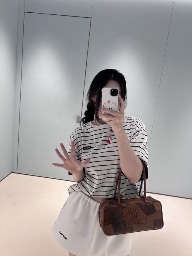 Miumi* 25Ss Spring and Summer new reversible striped round neck short-sleeved T-