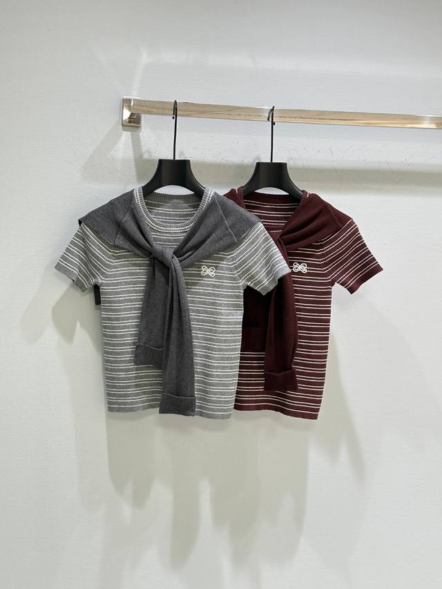 25Ss Early Fall New Arrivals! Shawl Striped Short Sweater Short Sleeve Top Decor
