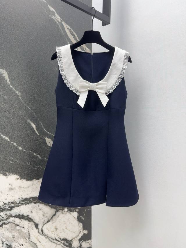 Miu 25Ss Spring and Summer New Retro Lace Contrast Dress Positioning Bow Exquisi