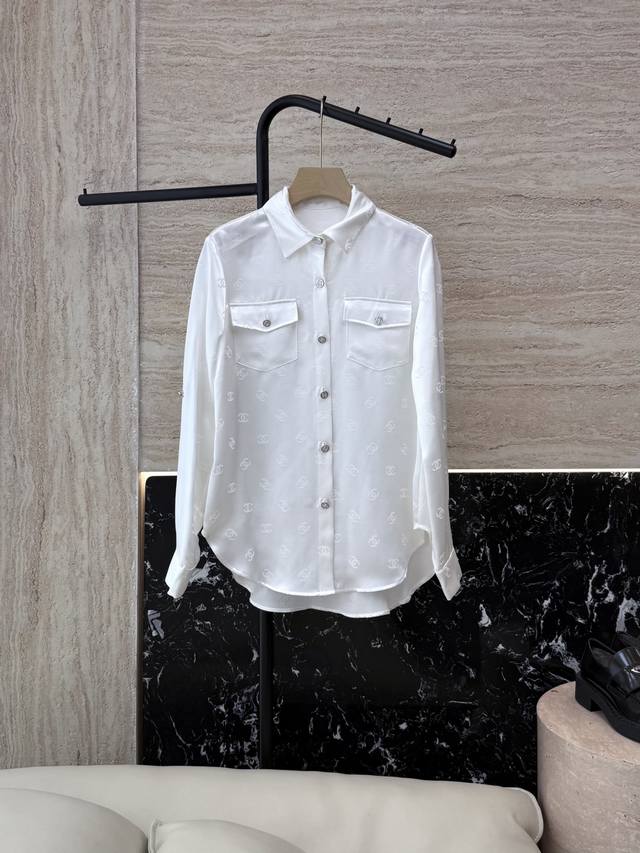 Xz0115#New shirt Xiaoxiang 100% acetate jacquard letter long-sleeved shirt white