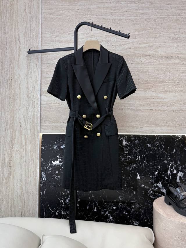 Xz099# New dress B Balmain gold round button 100% acetate jacquard short-sleeved