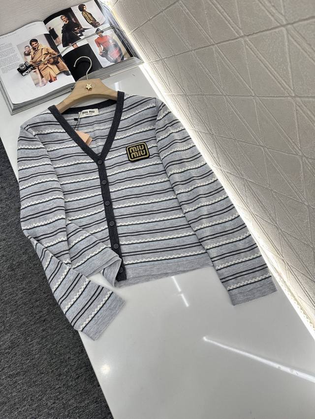 Miumi*2025 New arrivals Striped knitted long-sleeved cardigan Customized Yb cott