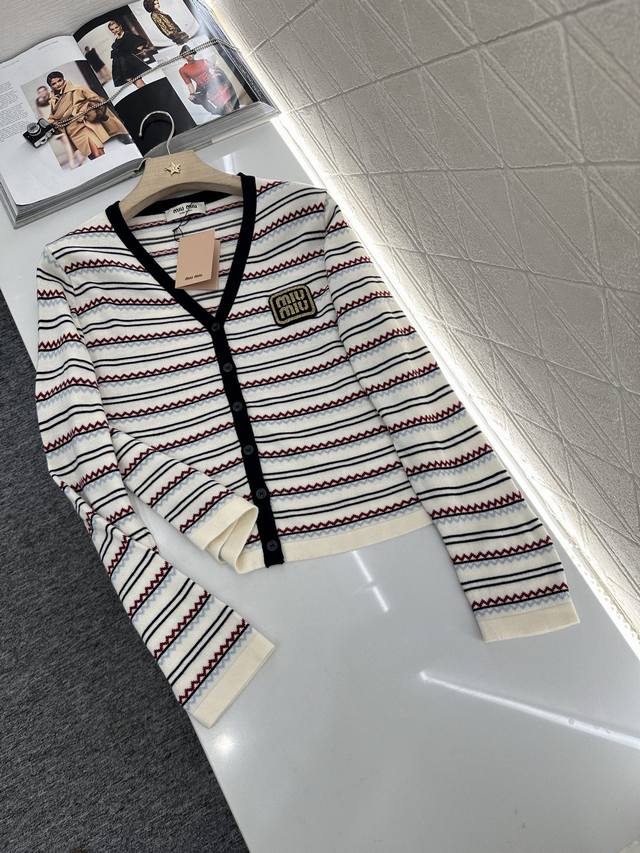 Miumi*2025 New arrivals Striped knitted long-sleeved cardigan Customized Yb cott