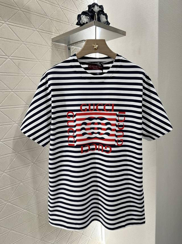 Gucc*2025 New arrivals Round neck striped letters Customized Yb Original cotton