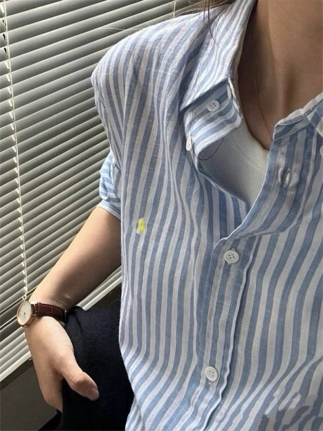 Ralph Lauren! Lapel long-sleeved striped shirt with pony pattern embroidery on t