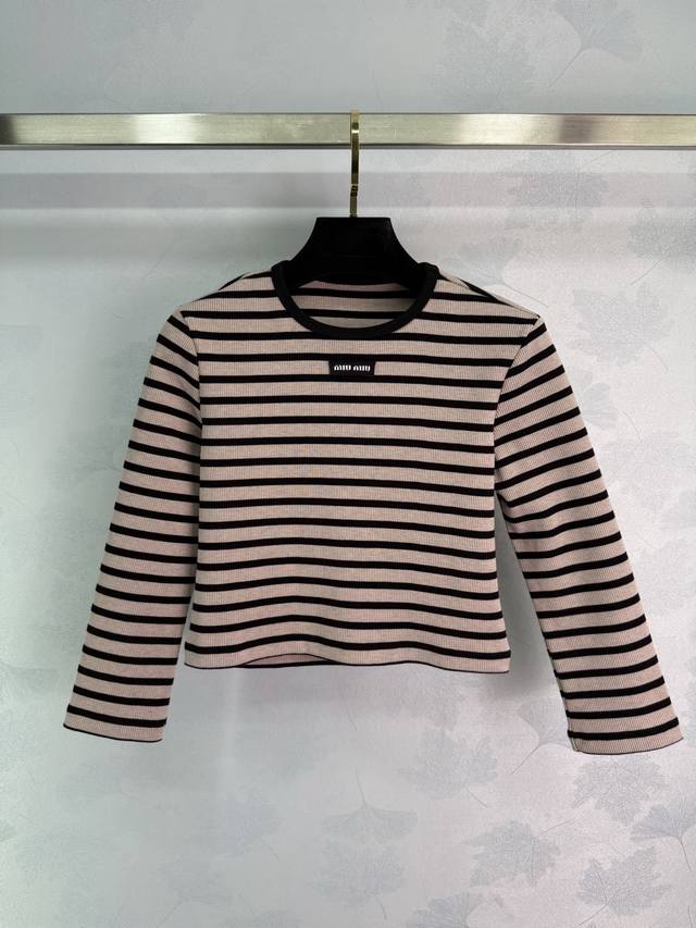 Miumi* 25 New micro-logo striped long-sleeved round-neck knitted topحExclusively