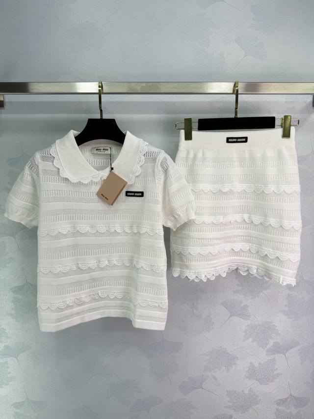 Miumi*2025 Spring and Summer new lace knitted short-sleeved skirt suit customize