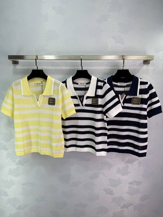 Miumi*2025 Spring and Summer new style lapel embroidery hollow knitted short sle