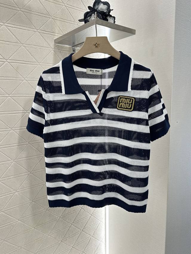 Miumi*2025 New arrivals Lapel embroidery hollow knitted short sleeves Customized