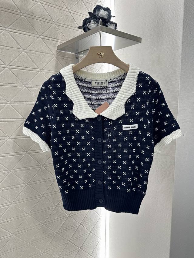 Miumi*2025 New arrivals Contrast color knitted short-sleeved cardigan Customized