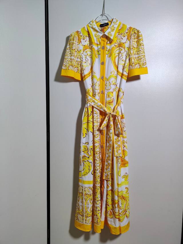 Dolce&Gabbana New Yellow Ceramic Print Blue and White Porcelain Pleated Cotton S