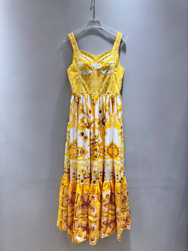 Dolce&Gabbana New Yellow Ceramic Print Blue and White Porcelain Pleated Cotton S