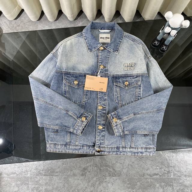 Miumiu 24Fw new patch logo letter washed denim jacket, the same style as celebri