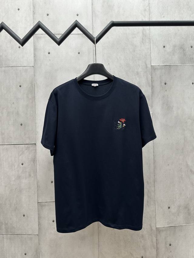 Loewe dark blue short-sleeved T-shirt Small flower embroidery pattern on the che
