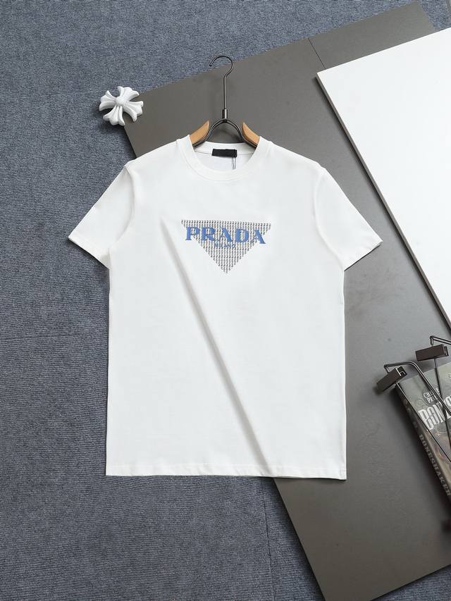R-9502 Prada 25 new round neck short-sleeved T-shirt, custom-woven high-weight c