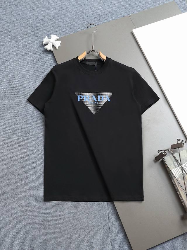 R-9502 Prada 25 new round neck short-sleeved T-shirt, custom-woven high-weight c