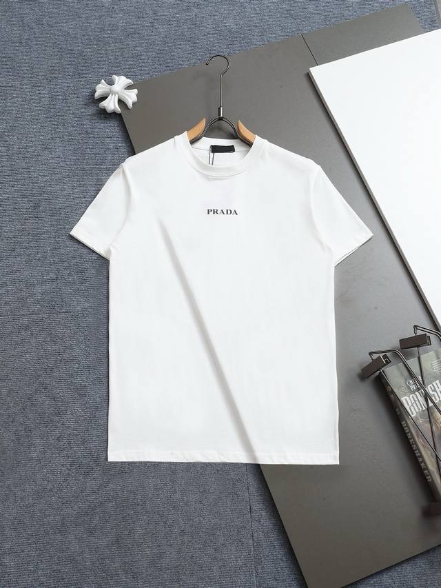 R-9502 Prada 25 new round neck short-sleeved T-shirt, custom-woven high-weight c