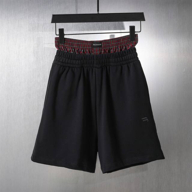 004# Plaid button stitching fake two-piece embroidered shorts sweatpants for men