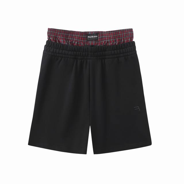 004# Plaid button stitching fake two-piece embroidered shorts sweatpants for men