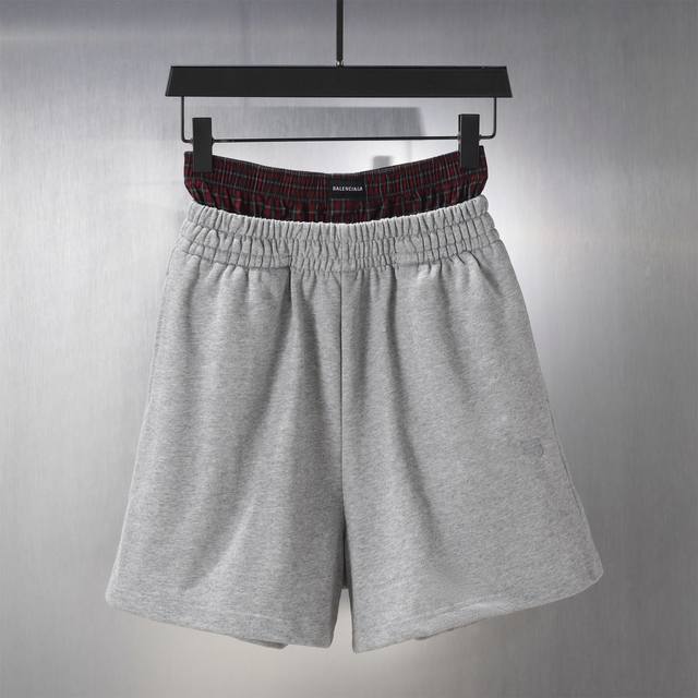 004# Plaid button stitching fake two-piece embroidered shorts sweatpants for men