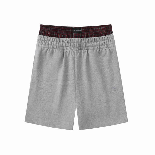 004# Plaid button stitching fake two-piece embroidered shorts sweatpants for men