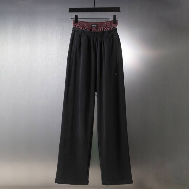 Aa010# Plaid button stitching fake two-piece embroidered trousers sweatpants for