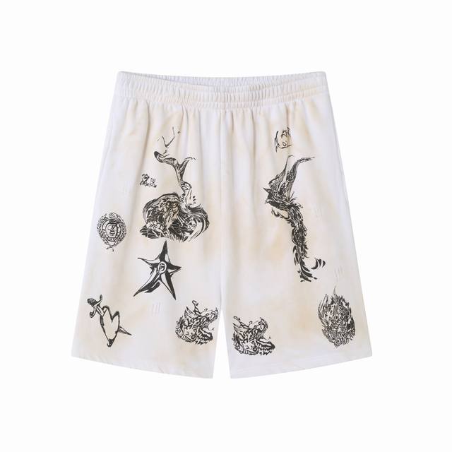 001# Hand-painted graffiti distressed and dirty print casual trendy shorts beach