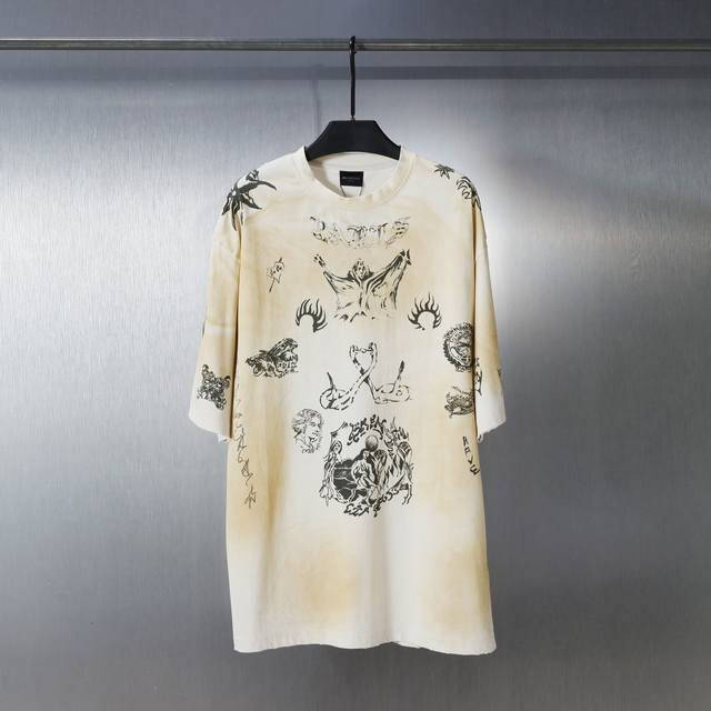 Cx12# Hand-painted graffiti distressed and dirty printed casual trendy short-sle