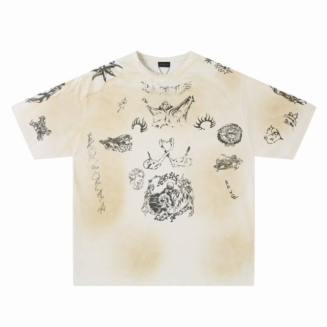 Cx12# Hand-painted graffiti distressed and dirty printed casual trendy short-sle