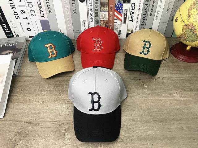 9350# #Mlb Red Sox B letter embroidered color matching baseball cap hard top duc