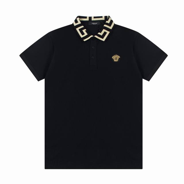Versace Spring and Summer Lapel Polo Shirt New Collar Ribbon Gold Embroidered Lo