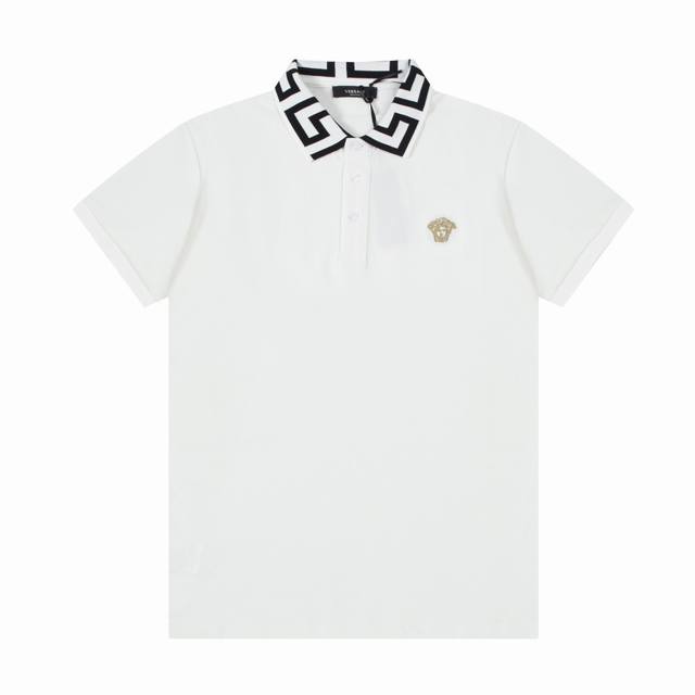 Versace Spring and Summer Lapel Polo Shirt New Collar Ribbon Gold Embroidered Lo