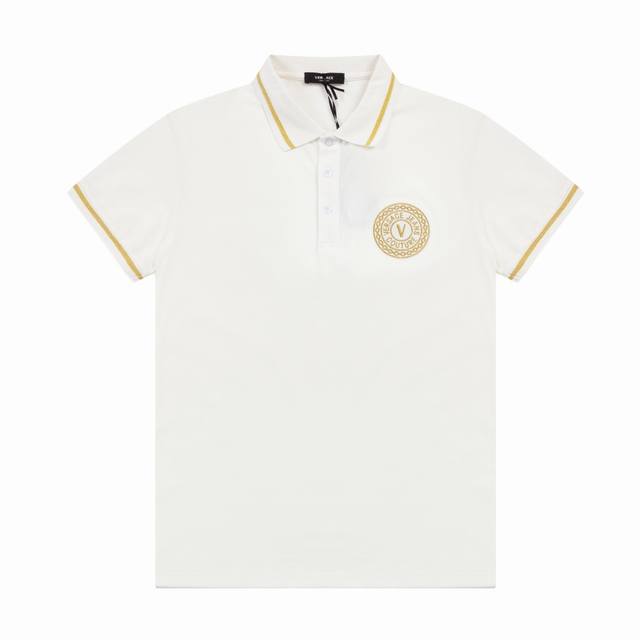 Versace Spring and Summer Lapel Polo Shirt New Collar Ribbon Gold Embroidered Lo
