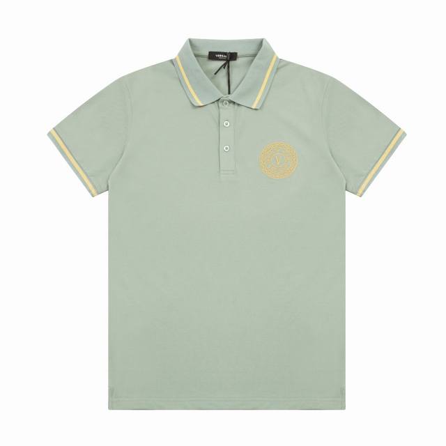 Versace Spring and Summer Lapel Polo Shirt New Collar Ribbon Gold Embroidered Lo