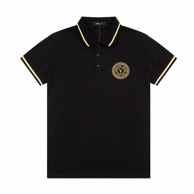 Versace Spring and Summer Lapel Polo Shirt New Collar Ribbon Gold Embroidered Lo