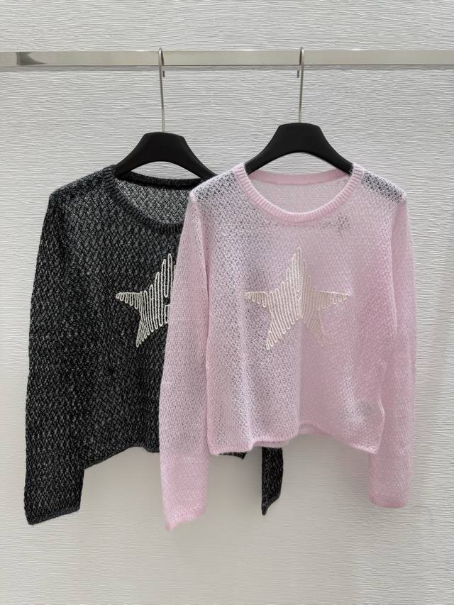 D's early autumn new hollow embroidery knitted round neck long sleeves Color: pi