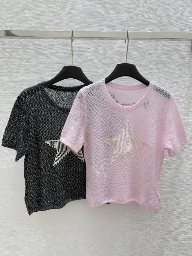 D new summer hollow embroidery knitted round neck short sleeves Color: pink. Bla