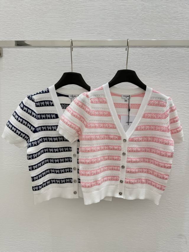 Ch new summer contrast striped hollow knitted V-neck cardigan Color: Pink. Navy