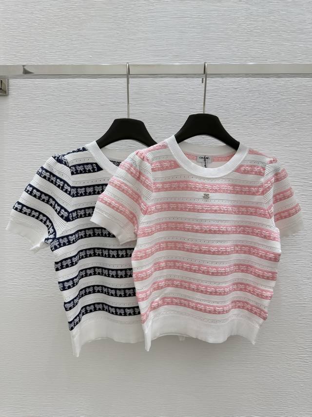 Ch new summer style contrast striped hollow knitted round neck Color: Pink. Navy