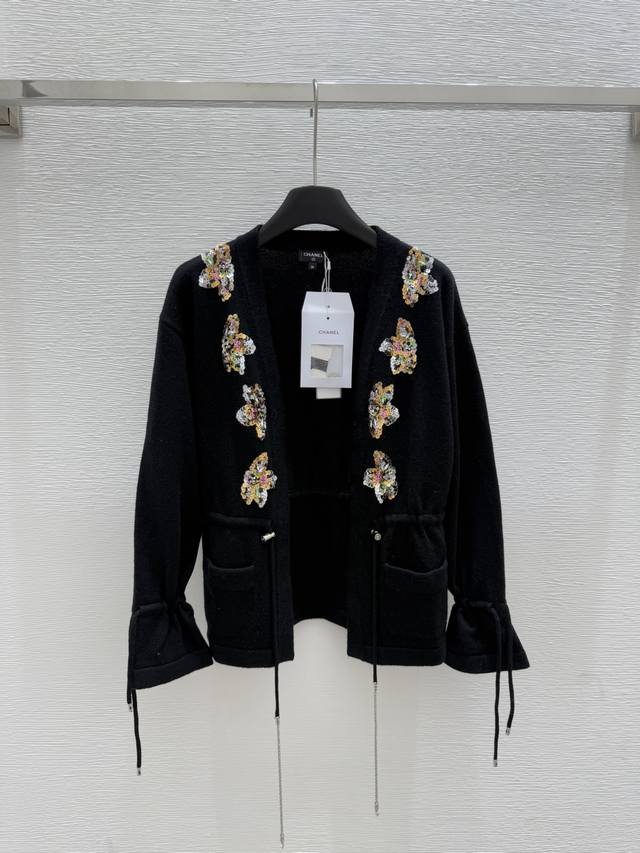 Ch's early autumn new style drawstring sequin long-sleeved knitted cardigan Colo