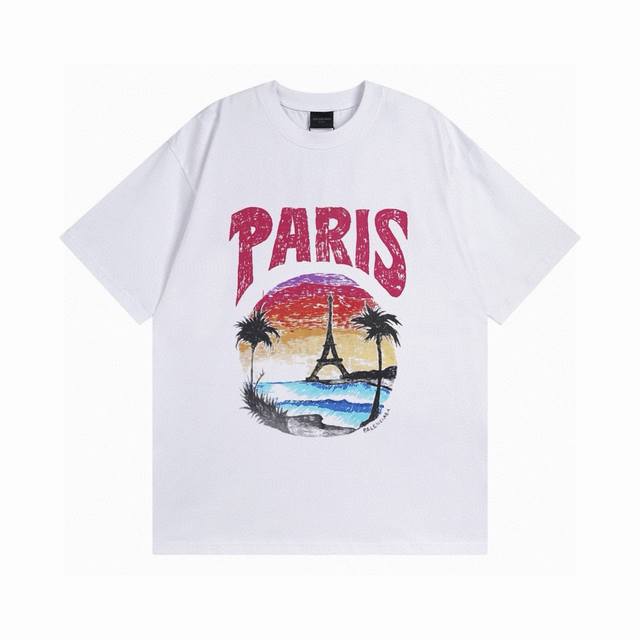Balenciaga 2025Ss Hawaiian Sunset Coconut Tree and Tower Logo Printed Short-Slee