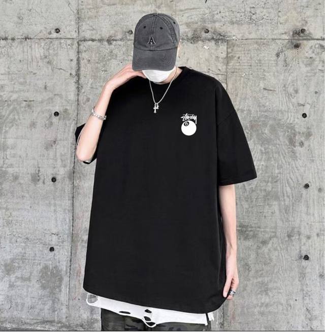 Stussy summer limited edition black 8 billiards print pure cotton couple round n