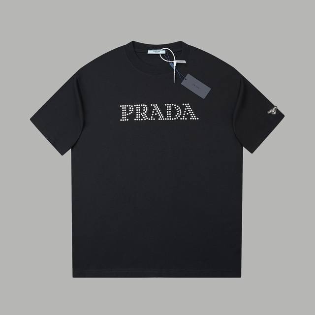 Pr*Da 25Ss early spring new classic letter hot-drilled short-sleeved top, a must