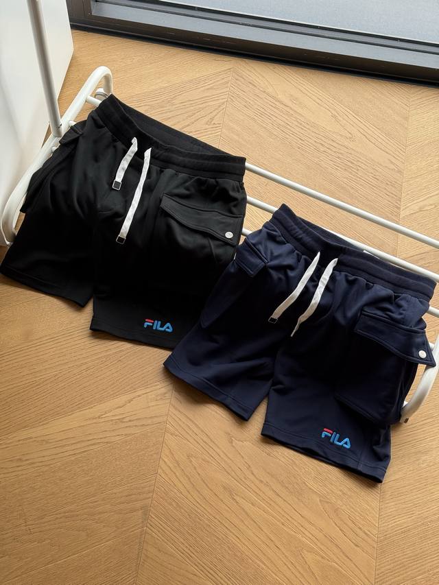 for Fila workwear large pocket embroidered logo terry shorts black navy L~3Xl or