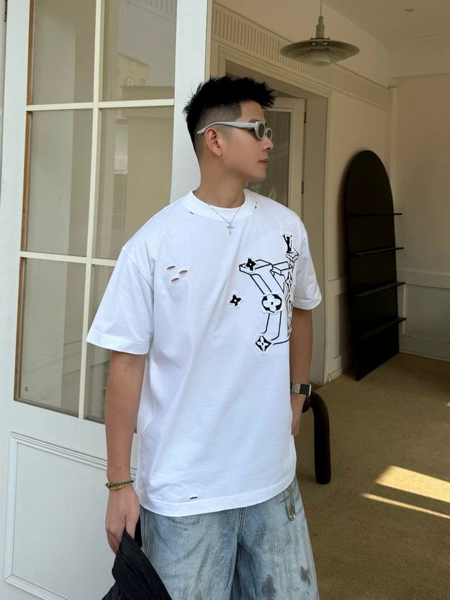 Louis Vuitton 2025Ss new patchwork ripped embroidered couple's casual short-slee