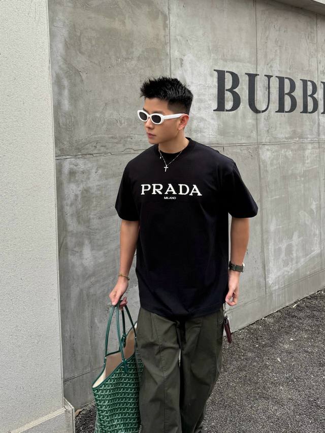 Prada's new 2025 plush cotton embroidery couple's casual short-sleeved T-shirt,