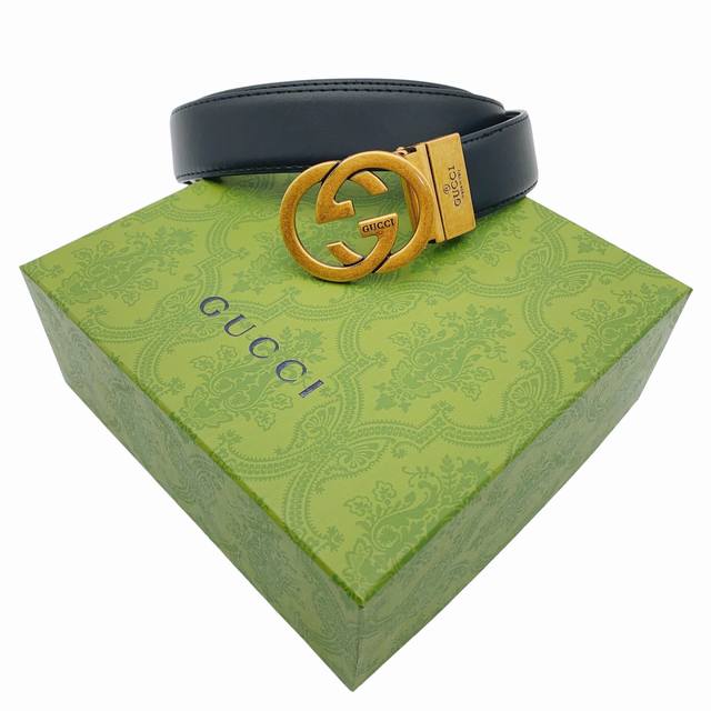 Gucci Double G smooth buckle cowhide belt, unisex, black, 4cm wide - fully packa