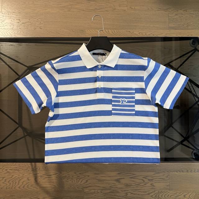 Lv Louis Vuitton 2025 new heavy-duty Logopolo lapel striped short-sleeved T-shir