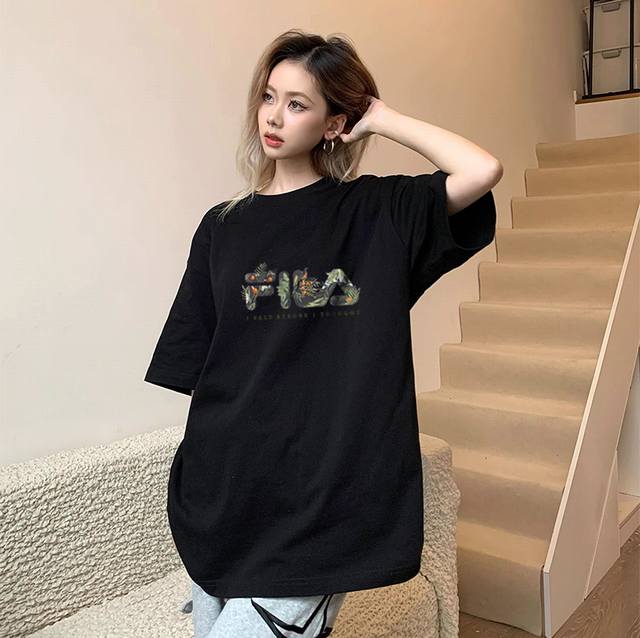 Fila limited edition cartoon print short-sleeved T-shirt, unisex style, Instagra